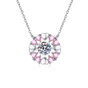 S925 Silber Moissanit Kette mit beweglichem Herzanhänger und rosa Steinen