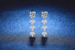 Macro view of S925 sterling silver drop earrings with white zircon plant motif