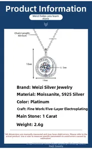 Detailed specs of S925 silver moissanite necklace showing 1ct stone and dimensions