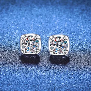 Classic Square Four Prong Moissanite Stud Earrings In 925 Sterling Silver For Women Elegant Wedding Party D Color VVS1 Fine Jewelry