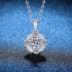 Elegant 925 Sterling Silver Moissanite Floral Pendant Necklace Luxury 1ct Round Stone Clavicle Chain Jewelry For Women Gift