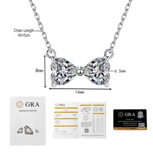 Collier nœud avec cœurs en Moissanite 2ct et certificat GRA, longueur chaîne 40+5cm