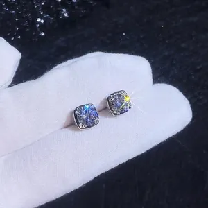 Elegant S925 sterling silver square moissanite stud earrings with four-claw setting