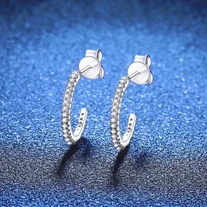 925 Sterling Silver C-Shape Moissanite Stud Earrings with paved white zircon stones