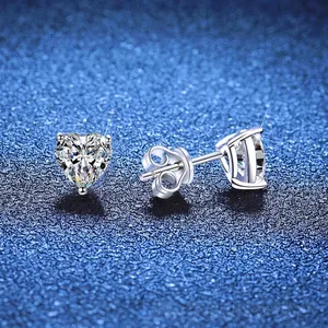 925 sterling silver heart-shaped moissanite stud earrings with three-prong setting