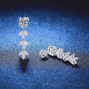 Moissanite S925 sterling silver wheat ear tassel earrings with olive leaf crystal drops