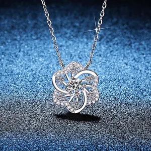Collier Fleur en Argent Sterling S925 Moissanite Pendentif Ajouré Élégant Bijoux Femme pour Mariage Cadeau Fête