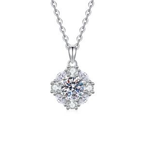Luxury 925 sterling silver necklace with 1ct moissanite in flower shape on white background