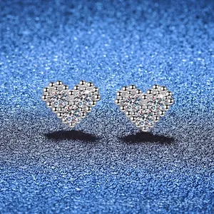 S925 sterling silver heart-shaped stud earrings with gold plating and three cubic zirconia