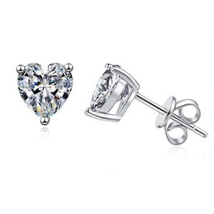 Elegant 925 sterling silver heart-shaped moissanite stud earrings with classic 3-prong setting