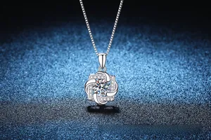 Macro view of 1ct Moissanite pendant with spinning flower vortex in S925 sterling silver