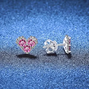 S925 sterling silver heart stud earrings with three pink round-cut zircons for women