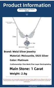 Detail view of 1ct moissanite angel wing necklace with S925 silver specs and dimensions