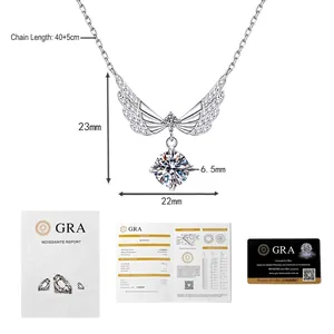 Detail of S925 silver angel wing necklace with Moissanite stone and GRA certification