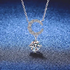 Collier en Argent Sterling 925 Moissanite pour Femme Style Coréen de Luxe Pendentif Croissant de Lune Étincelant Chaîne Romantique Clavicule Bijoux Cadeau