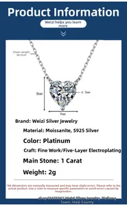 Vue détaillée du collier coeur en moissanite argent S925 montrant les dimensions 40+5cm