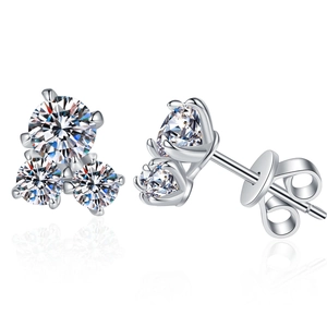 S925 sterling silver three-stone cluster moissanite stud earrings with butterfly backs