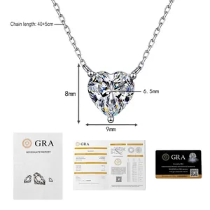 Détail du collier coeur moissanite en argent s925 avec rapport de certification GRA
