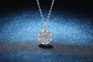 Macro detail of S925 sterling silver sunflower pendant necklace with moissanite crystals