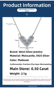 Macro detail of V-shaped heart necklace showing S925 silver specs and 0.5ct moissanite size