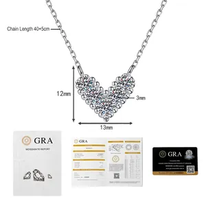 Macro detail of V-shaped Moissanite necklace with dimensions and GRA certificate included