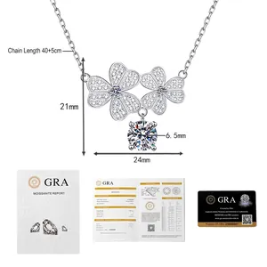 Moissanite S925 sterling silver four-leaf clover necklace size detail and GRA certificate