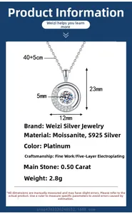 Macro detail of S925 silver necklace pendant with size annotations and Moissanite stone