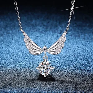 925 Sterling Silver Angel Wing Moissanite Necklace For Women Elegant Moissanite Pendant Necklace With GRA Certificate Gift