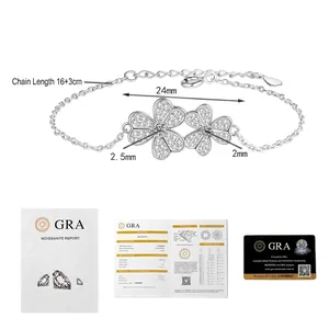Close-up of S925 silver clover bracelet with GRA moissanite certificate and dimensions