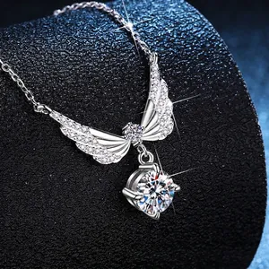 Elegant S925 sterling silver angel wing necklace with a sparkling round moissanite stone