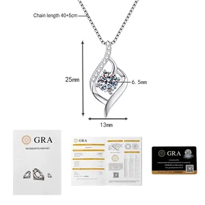 Detail view of 1ct moissanite heart pendant with 40+5cm chain and GRA certificate card