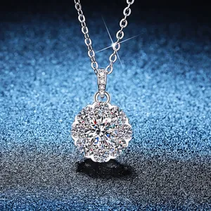 Luxury S925 Sterling Silver Moissanite Sunflower Pendant Necklace Round Halo Rhinestone Choker For Women Wedding Banquet Jewelry