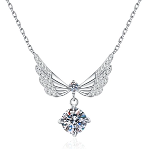 Elegant S925 sterling silver necklace featuring an angel wing pendant with moissanite stones