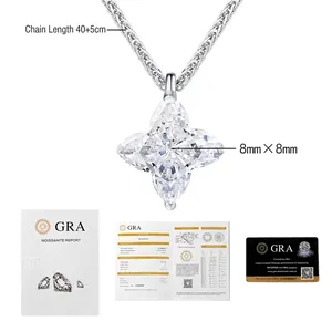 Macro shot of S925 silver moissanite flower pendant with GRA certificate and dimensions