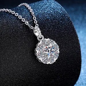 Luxury S925 sterling silver moissanite necklace with sunflower pendant on black display