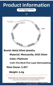 Detailed size chart for S925 silver moissanite bracelet with 5.4ct stones and 16+3cm chain