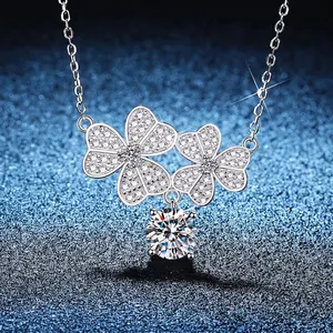 S925 Sterling Silver Moissanite Sakura Four-Leaf Clover Necklace Pave Rhinestone Lucky Flower Pendant Clavicle Chain Jewelry With GRA Certificate