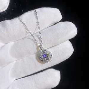 Luxury S925 sterling silver moissanite sunflower pendant necklace with halo stones