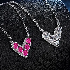 925 Sterling Silver Heart Pendant Necklace For Women Moissanite V-Shaped Clavicle Chain Elegant Small Crowd Accessory Jewelry Gift