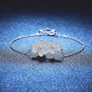 Luxury 925 Sterling Silver Moissanite Clover Bracelet For Women Shiny Inlaid Floral Leaf Chain Fashion Jewelry Gift