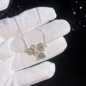 Sparkling S925 sterling silver moissanite necklace with diamond paved flower pendants