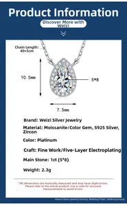 Detailed specs of S925 silver teardrop necklace with 1ct moissanite and dimensions