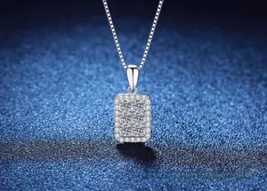 Macro view of S925 sterling silver rectangular pendant with micro-pave moissanite stones