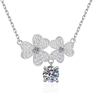 Moissanite S925 sterling silver cherry clover necklace with double sparkling flower pendants