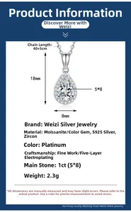 Détail macro du collier en argent S925 avec moissanite poire et chaîne de 40+5cm