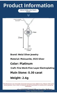 Détails du collier clé en argent S925 avec pendentif trèfle en moissanite et mesures