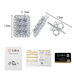Detail view of S925 silver moissanite earrings with dimension labels and GRA certificates