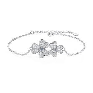 S925 sterling silver clover bracelet featuring double flowers with Moissanite stones