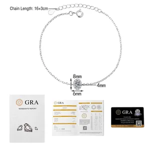 Dimensioni bracciale argento S925 moissanite e certificato GRA su sfondo bianco