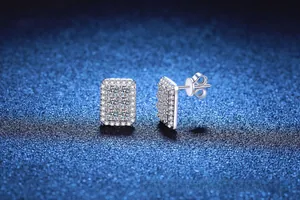 Macro view of rectangular S925 sterling silver stud earrings with pavé moissanite stones